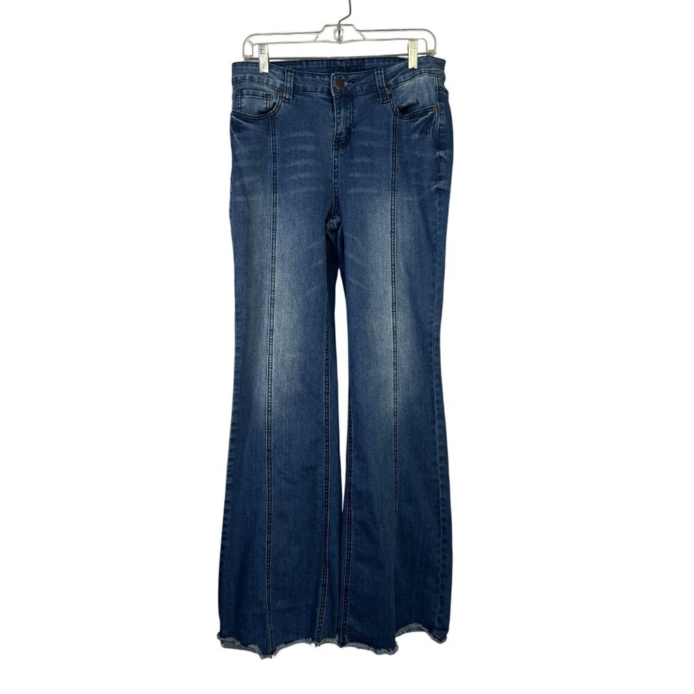 Suzanne Betro Womens Flared Denim Jeans With Frayed Hem And Embroidered Pockets